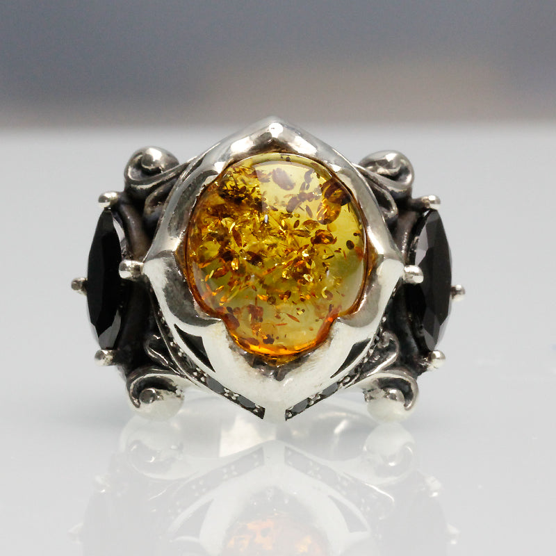 The Allfather - Premium Sterling Silver Ring inlaid with Amber